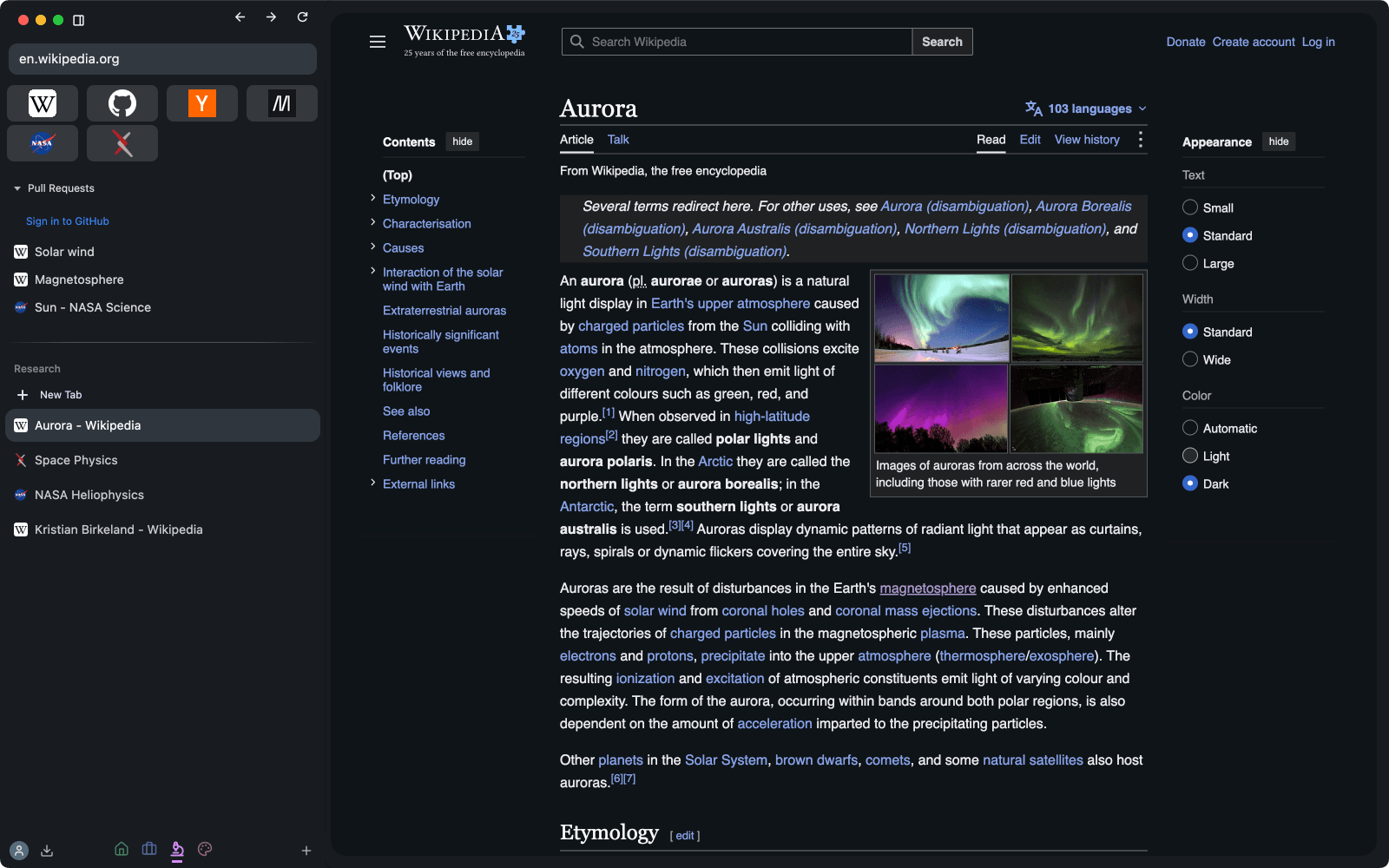 Avora with the Research Space open: Favorites, a Pull Requests Live Folder, pinned pages and today's tabs in the sidebar, and a Wikipedia article on auroras in the main window.