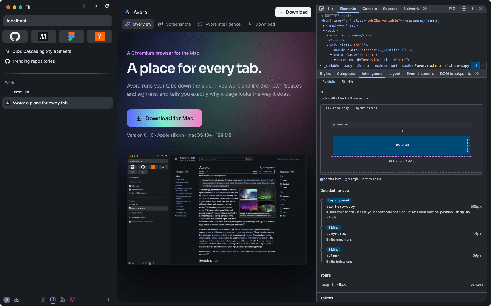 Avora's DevTools with the Intelligence pane explaining the size and position of the selected element on the Avora website.