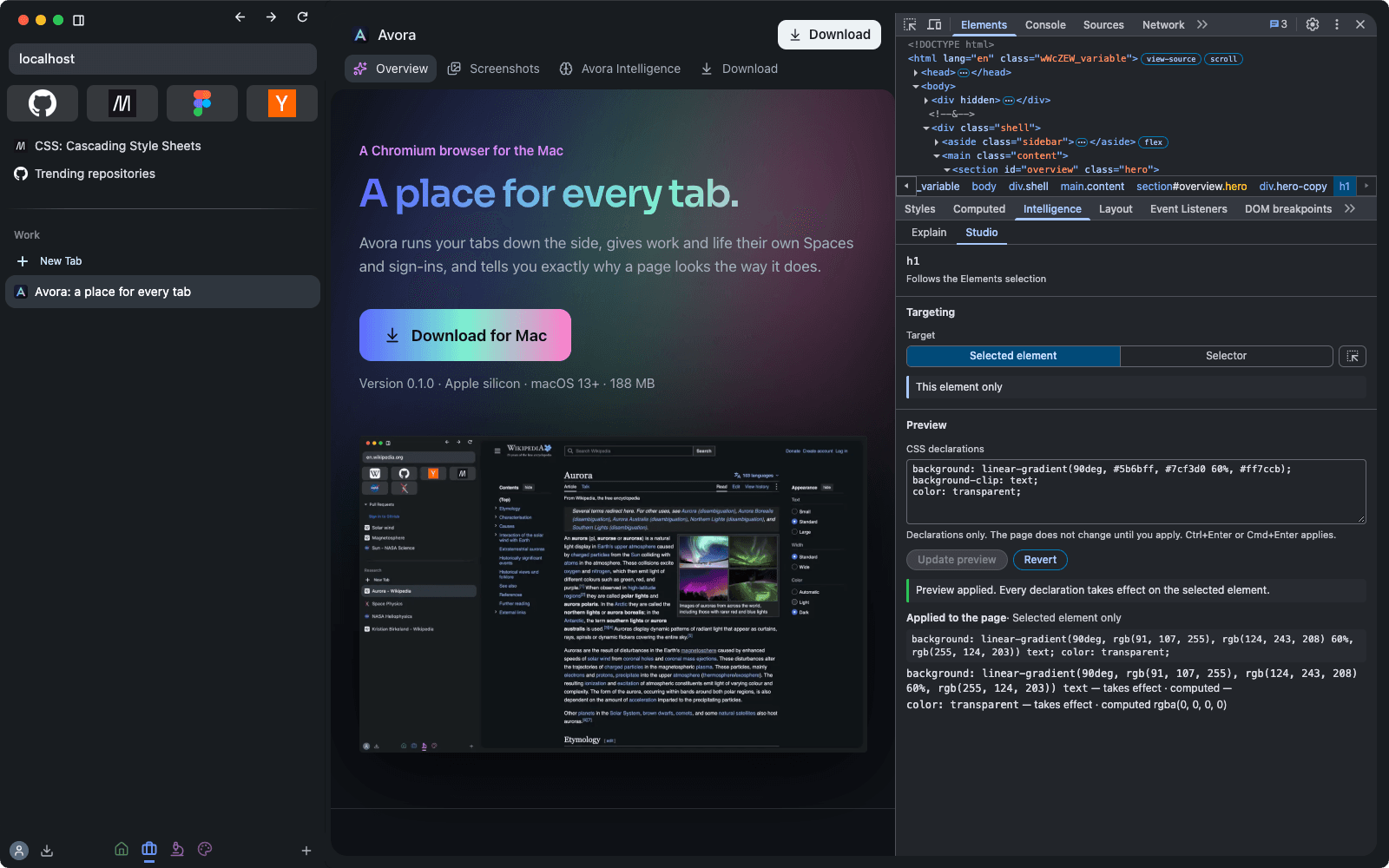 The Studio tab of the Intelligence pane with CSS declarations applied as a preview to the Avora website's headline, which now shows a gradient. Studio reports that every declaration takes effect.