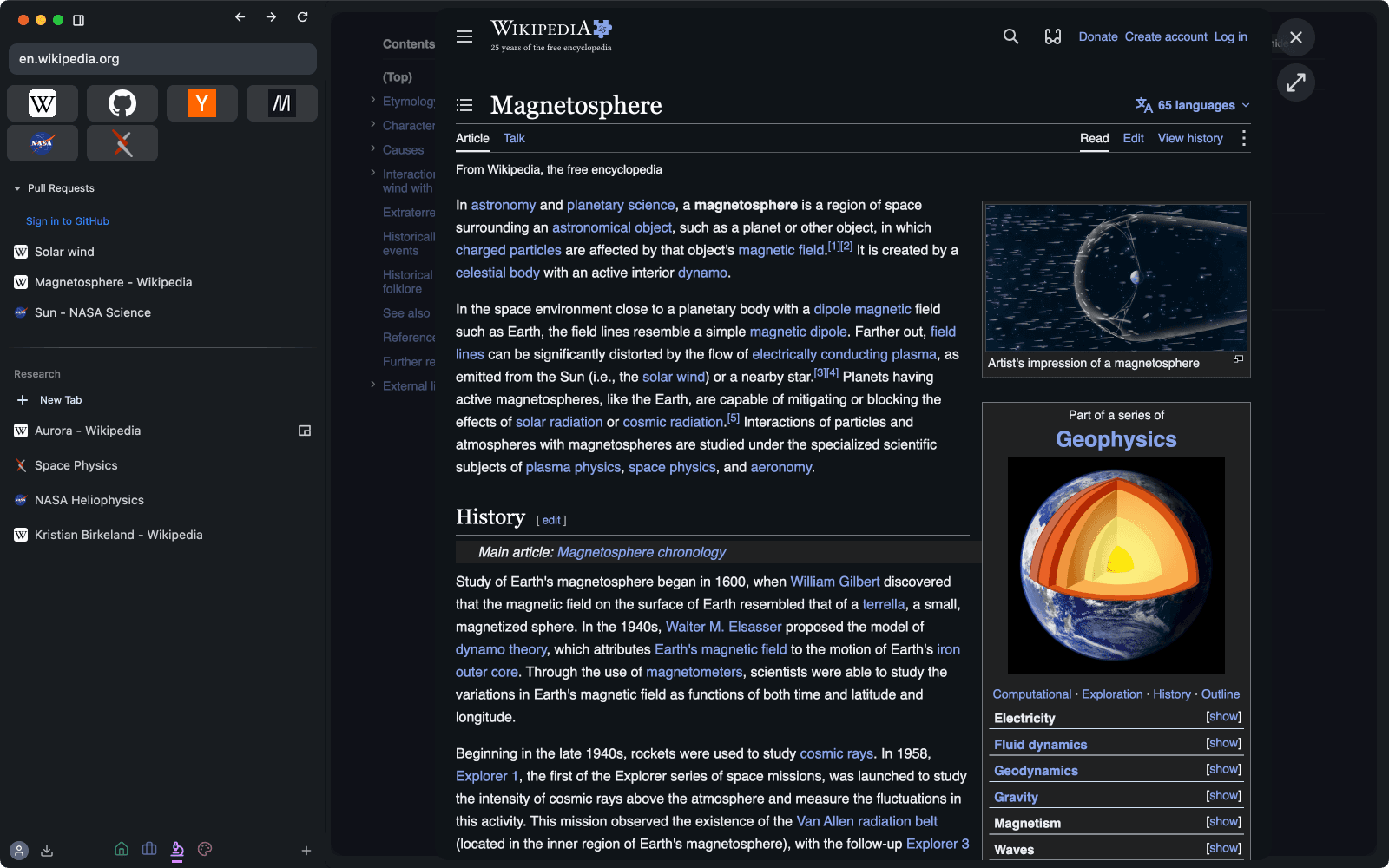 A Wikipedia article open in a preview card over another page, with close and expand buttons at its corner.
